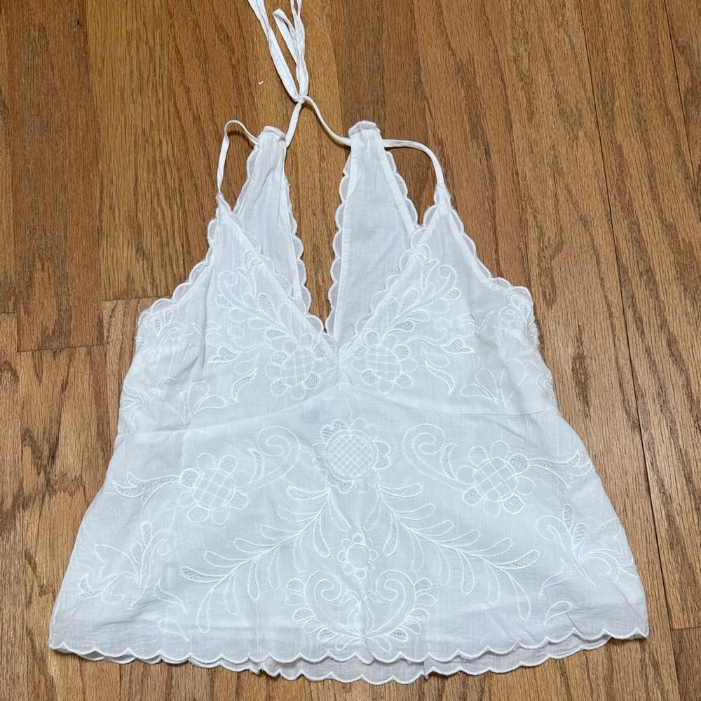 American Eagle White Embroidered Halter Top